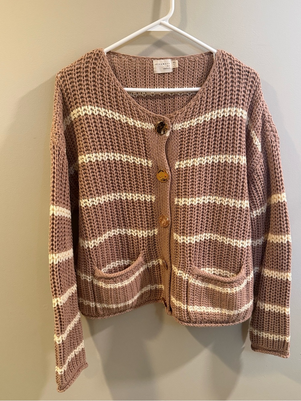 Dreamers Mauve and Cream Striped Knit Button Cardigan